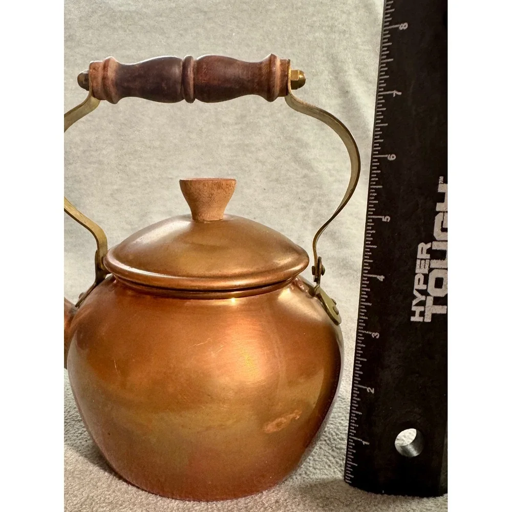 Vintage Copper Tea Kettle Brass Handle Wood Grip Stovetop Decorative Teapot